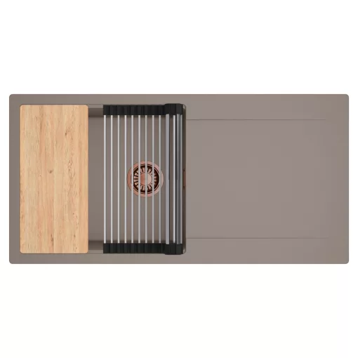 HD Onyx Tortora 100 egymedencés gránit mosogatótálca szett, csepegtetőtálcával, vágódeszkával, acél csepegtetőráccsal, tortora színben, szálcsiszolt réz leeresztő szifonnal