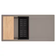 HD Onyx Tortora 100 egymedencés gránit mosogatótálca szett, csepegtetőtálcával, vágódeszkával, matt fekete csepegtetőkosárral, tortora színben, szálcsiszolt réz leeresztő szifonnal