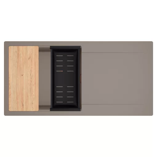 HD Onyx Tortora 100 egymedencés gránit mosogatótálca szett, csepegtetőtálcával, vágódeszkával, matt fekete csepegtetőkosárral, tortora színben, szálcsiszolt réz leeresztő szifonnal