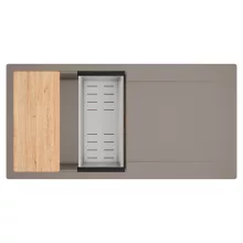 HD Onyx Tortora 100 egymedencés gránit mosogatótálca szett, csepegtetőtálcával, vágódeszkával, acél csepegtetőkosárral, tortora színben, szálcsiszolt réz leeresztő szifonnal