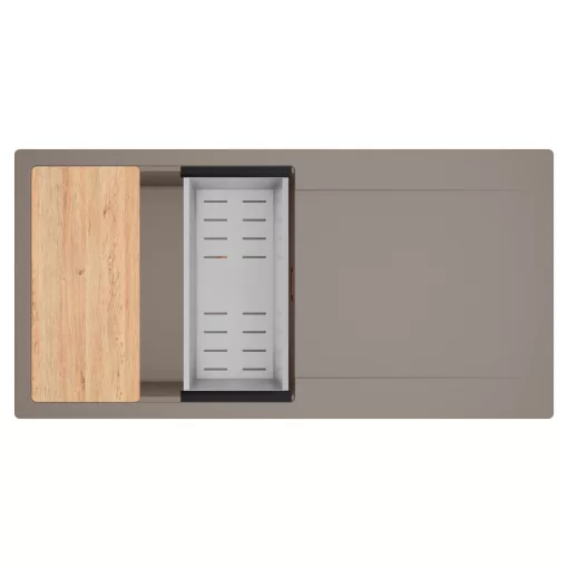 HD Onyx Tortora 100 egymedencés gránit mosogatótálca szett, csepegtetőtálcával, vágódeszkával, acél csepegtetőkosárral, tortora színben, szálcsiszolt réz leeresztő szifonnal