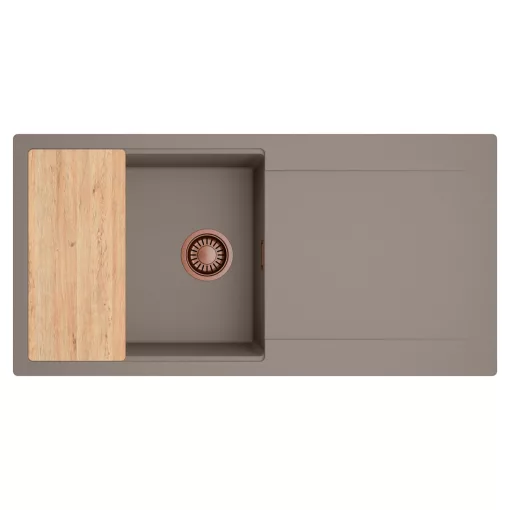 HD Onyx Tortora 100 egymedencés gránit mosogatótálca, vágódeszkával, tortora színben, szálcsiszolt réz leeresztő szifonnal