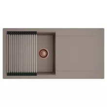 HD Onyx Tortora 100 egymedencés mosogatótálca szett, acél csepegtetőráccsal, csepegtetőtálcával, tortora színben, szálcsiszolt réz leeresztő szifonnal