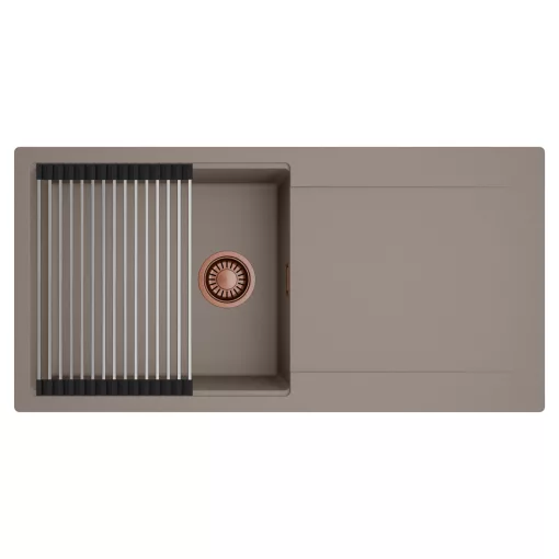 HD Onyx Tortora 100 egymedencés mosogatótálca szett, acél csepegtetőráccsal, csepegtetőtálcával, tortora színben, szálcsiszolt réz leeresztő szifonnal