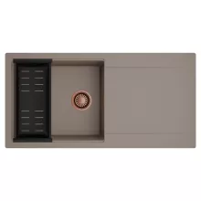 HD Onyx Tortora 100 egymedencés mosogatótálca szett, matt fekete csepegtetőkosárral, csepegtetőtálcával, tortora színben, szálcsiszolt réz leeresztő szifonnal