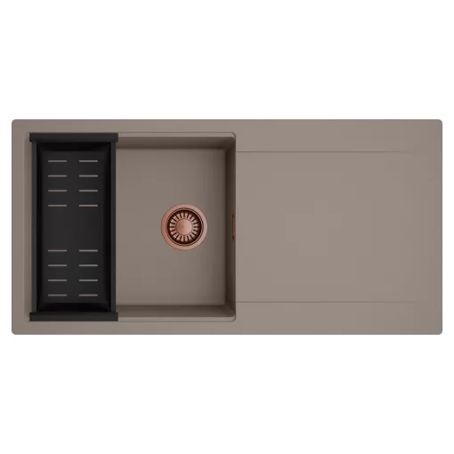 HD Onyx Tortora 100 egymedencés mosogatótálca szett, matt fekete csepegtetőkosárral, csepegtetőtálcával, tortora színben, szálcsiszolt réz leeresztő szifonnal