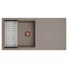 HD Onyx Tortora 100 egymedencés mosogatótálca szett, acél csepegtetőkosárral, csepegtetőtálcával, tortora színben, szálcsiszolt réz leeresztő szifonnal