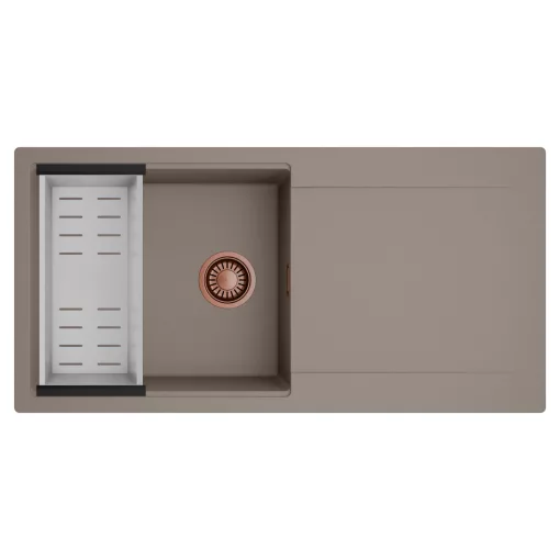 HD Onyx Tortora 100 egymedencés mosogatótálca szett, acél csepegtetőkosárral, csepegtetőtálcával, tortora színben, szálcsiszolt réz leeresztő szifonnal