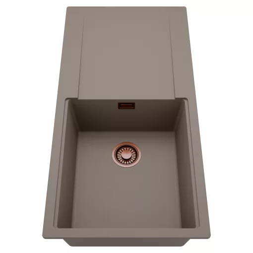 HD Onyx Tortora 100 egymedencés mosogatótálca, csepegtetőtálcával, tortora színben, szálcsiszolt réz leeresztő szifonnal