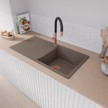 HD Onyx Tortora 100 egymedencés mosogatótálca, csepegtetőtálcával, tortora színben, szálcsiszolt réz leeresztő szifonnal