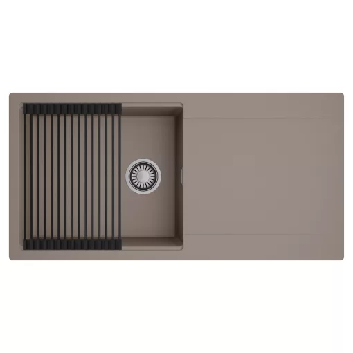 HD Onyx Tortora 100 egymedencés mosogatótálca szett, matt fekete csepegtetőráccsal, csepegtetőtálcával, tortora színben