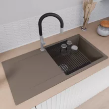 HD Onyx Tortora 100 egymedencés mosogatótálca szett, matt fekete csepegtetőráccsal, csepegtetőtálcával, tortora színben