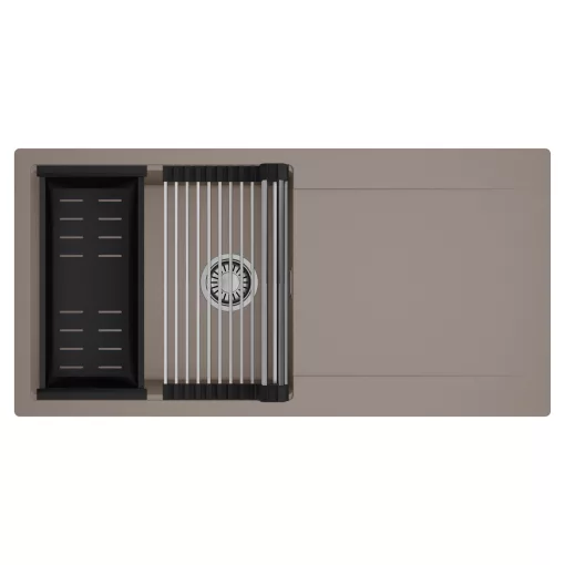 HD Onyx Tortora 100 egymedencés mosogatótálca szett, acél csepegtetőráccsal és matt fekete kosárral, csepegtetőtálcával, tortora színben