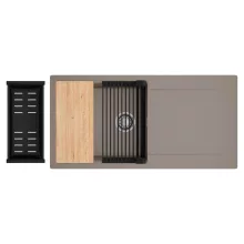 HD Onyx Tortora 100 egymedencés gránit mosogatótálca szett, csepegtetőtálcával, vágódeszkával, matt fekete csepegtetőráccsal és kosárral, tortora színben