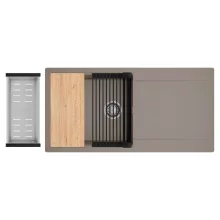 HD Onyx Tortora 100 egymedencés gránit mosogatótálca szett, csepegtetőtálcával, vágódeszkával, matt fekete csepegtetőráccsal és krómozott kosárral, tortora színben