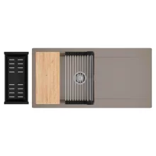 HD Onyx Tortora 100 egymedencés gránit mosogatótálca szett, csepegtetőtálcával, vágódeszkával, acél csepegtetőráccsal és matt fekete kosárral, tortora színben