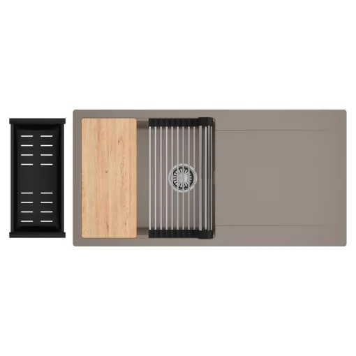 HD Onyx Tortora 100 egymedencés gránit mosogatótálca szett, csepegtetőtálcával, vágódeszkával, acél csepegtetőráccsal és matt fekete kosárral, tortora színben