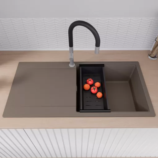 HD Onyx Tortora 100 egymedencés gránit mosogatótálca szett, csepegtetőtálcával, vágódeszkával, acél csepegtetőráccsal és matt fekete kosárral, tortora színben