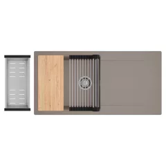   HD Onyx Tortora 100 egymedencés gránit mosogatótálca szett, csepegtetőtálcával, vágódeszkával, acél csepegtetőráccsal és kosárral, tortora színben