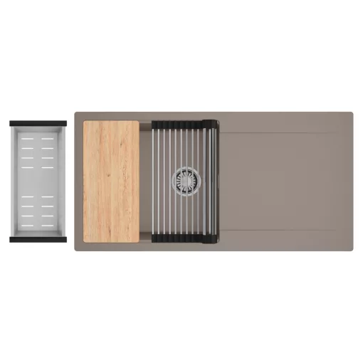 HD Onyx Tortora 100 egymedencés gránit mosogatótálca szett, csepegtetőtálcával, vágódeszkával, acél csepegtetőráccsal és kosárral, tortora színben