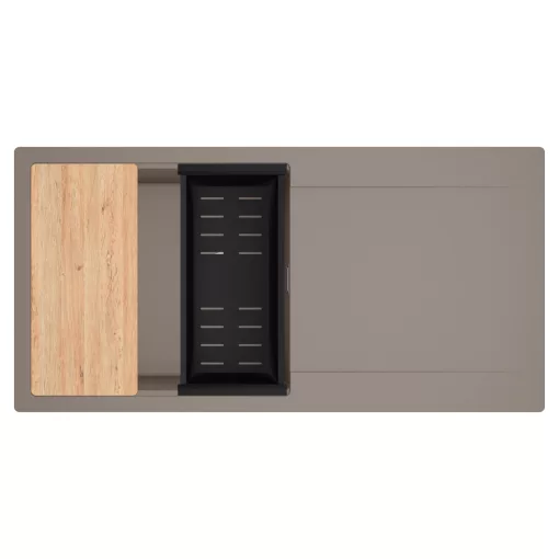 HD Onyx Tortora 100 egymedencés gránit mosogatótálca szett, csepegtetőtálcával, vágódeszkával, matt fekete csepegtetőkosárral, tortora színben