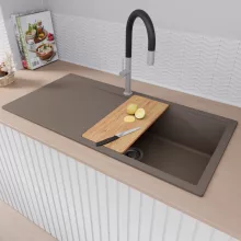 HD Onyx Tortora 100 egymedencés gránit mosogatótálca szett, csepegtetőtálcával, vágódeszkával, matt fekete csepegtetőkosárral, tortora színben