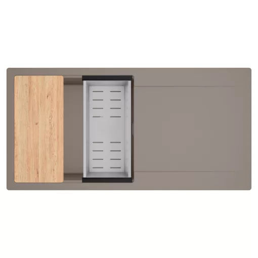 HD Onyx Tortora 100 egymedencés gránit mosogatótálca szett, csepegtetőtálcával, vágódeszkával, acél csepegtetőkosárral, tortora színben