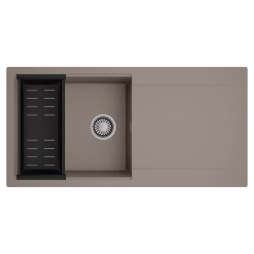 HD Onyx Tortora 100 egymedencés mosogatótálca szett, matt fekete csepegtetőkosárral, csepegtetőtálcával, tortora színben