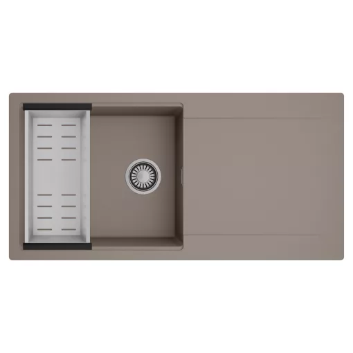 HD Onyx Tortora 100 egymedencés mosogatótálca szett, acél csepegtetőkosárral, csepegtetőtálcával, tortora színben