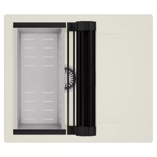 HD Onyx White 58 egymedencés mosogatótálca szett, matt fekete csepegtetőráccsal és krómozott kosárral, csepegtetőtálcával, tört fehér színben, szálcsiszolt króm leeresztő szifonnal