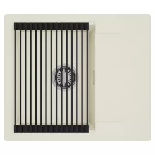 HD Onyx White 58 egymedencés mosogatótálca szett, matt fekete csepegtetőráccsal, csepegtetőtálcával, tört fehér színben, szálcsiszolt króm leeresztő szifonnal