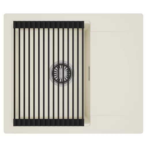 HD Onyx White 58 egymedencés mosogatótálca szett, matt fekete csepegtetőráccsal, csepegtetőtálcával, tört fehér színben, szálcsiszolt króm leeresztő szifonnal