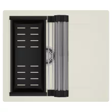 HD Onyx White 58 egymedencés mosogatótálca szett, acél csepegtetőráccsal és matt fekete kosárral, csepegtetőtálcával, tört fehér színben, szálcsiszolt króm leeresztő szifonnal