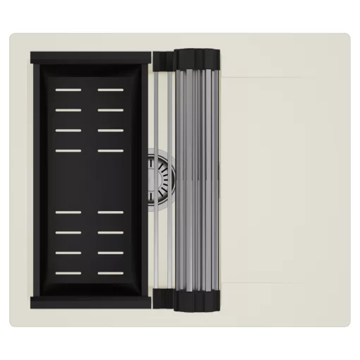 HD Onyx White 58 egymedencés mosogatótálca szett, acél csepegtetőráccsal és matt fekete kosárral, csepegtetőtálcával, tört fehér színben, szálcsiszolt króm leeresztő szifonnal