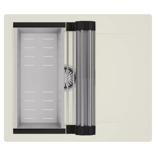 HD Onyx White 58 egymedencés mosogatótálca szett, acél csepegtetőráccsal és kosárral, csepegtetőtálcával, tört fehér színben, szálcsiszolt króm leeresztő szifonnal