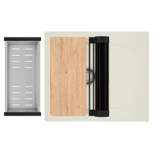 HD Onyx White 58 egymedencés mosogatótálca szett, vágódeszkával, matt fekete csepegtetőráccsal és krómozott kosárral, csepegtetőtálcával, tört fehér színben, szálcsiszolt króm leeresztő szifonnal