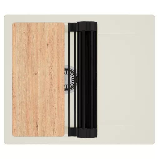 HD Onyx White 58 egymedencés mosogatótálca szett, vágódeszkával, matt fekete csepegtetőráccsal, csepegtetőtálcával, tört fehér színben, szálcsiszolt króm leeresztő szifonnal