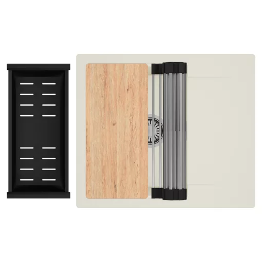 HD Onyx White 58 egymedencés mosogatótálca szett, vágódeszkával, acél csepegtetőráccsal és matt fekete kosárral, csepegtetőtálcával, tört fehér színben, szálcsiszolt króm leeresztő szifonnal