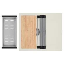 HD Onyx White 58 egymedencés mosogatótálca szett, vágódeszkával, acél csepegtetőráccsal és kosárral, csepegtetőtálcával, tört fehér színben, szálcsiszolt króm leeresztő szifonnal