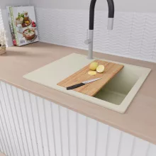 HD Onyx White 58 egymedencés mosogatótálca szett, vágódeszkával, acél csepegtetőráccsal, csepegtetőtálcával, tört fehér színben, szálcsiszolt króm leeresztő szifonnal