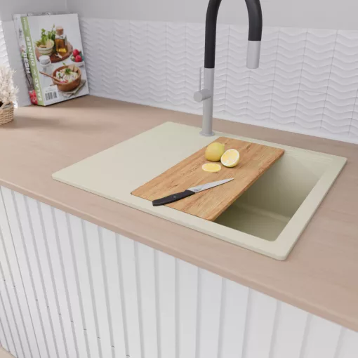 HD Onyx White 58 egymedencés mosogatótálca szett, vágódeszkával, acél csepegtetőráccsal, csepegtetőtálcával, tört fehér színben, szálcsiszolt króm leeresztő szifonnal