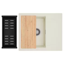 HD Onyx White 58 egymedencés mosogatótálca szett, vágódeszkával, matt fekete csepegtetőkosárral, csepegtetőtálcával, tört fehér színben, szálcsiszolt króm leeresztő szifonnal