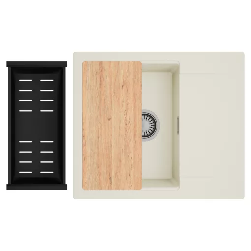 HD Onyx White 58 egymedencés mosogatótálca szett, vágódeszkával, matt fekete csepegtetőkosárral, csepegtetőtálcával, tört fehér színben, szálcsiszolt króm leeresztő szifonnal