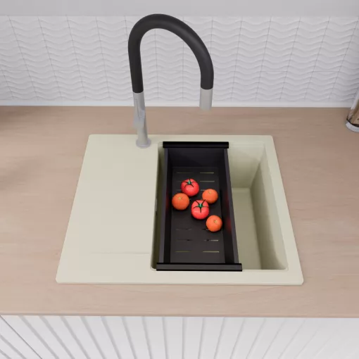 HD Onyx White 58 egymedencés mosogatótálca szett, vágódeszkával, matt fekete csepegtetőkosárral, csepegtetőtálcával, tört fehér színben, szálcsiszolt króm leeresztő szifonnal