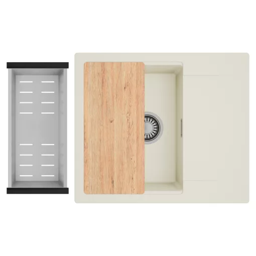 HD Onyx White 58 egymedencés mosogatótálca szett, vágódeszkával, acél csepegtetőkosárral, csepegtetőtálcával, tört fehér színben, szálcsiszolt króm leeresztő szifonnal