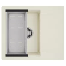 HD Onyx White 58 egymedencés mosogatótálca szett, acél csepegtetőkosárral, csepegtetőtálcával, tört fehér színben, szálcsiszolt króm leeresztő szifonnal