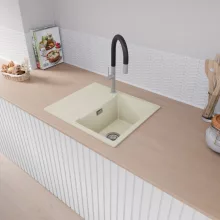 HD Onyx White 58 egymedencés mosogatótálca, csepegtetőtálcával, tört fehér színben, szálcsiszolt króm leeresztő szifonnal