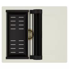 HD Onyx White 58 egymedencés mosogatótálca szett, matt fekete csepegtetőráccsal és kosárral, csepegtetőtálcával, tört fehér színben, szálcsiszolt arany leeresztő szifonnal