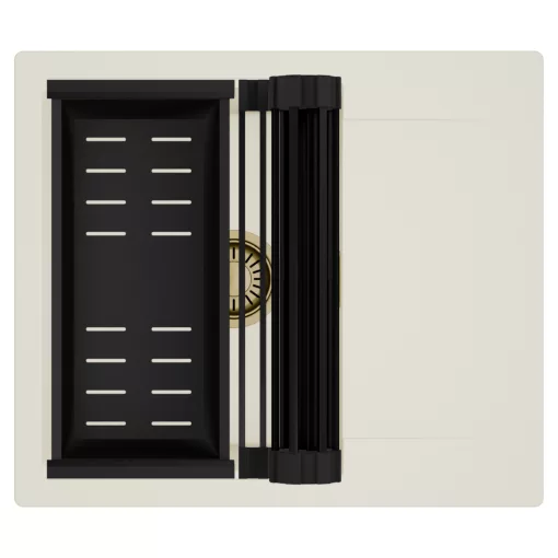 HD Onyx White 58 egymedencés mosogatótálca szett, matt fekete csepegtetőráccsal és kosárral, csepegtetőtálcával, tört fehér színben, szálcsiszolt arany leeresztő szifonnal