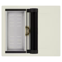 HD Onyx White 58 egymedencés mosogatótálca szett, matt fekete csepegtetőráccsal és krómozott kosárral, csepegtetőtálcával, tört fehér színben, szálcsiszolt arany leeresztő szifonnal